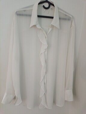 Wilfred Sheer Button-Down Blouse – Soft Ivory with Feminine Frill Detail Size L